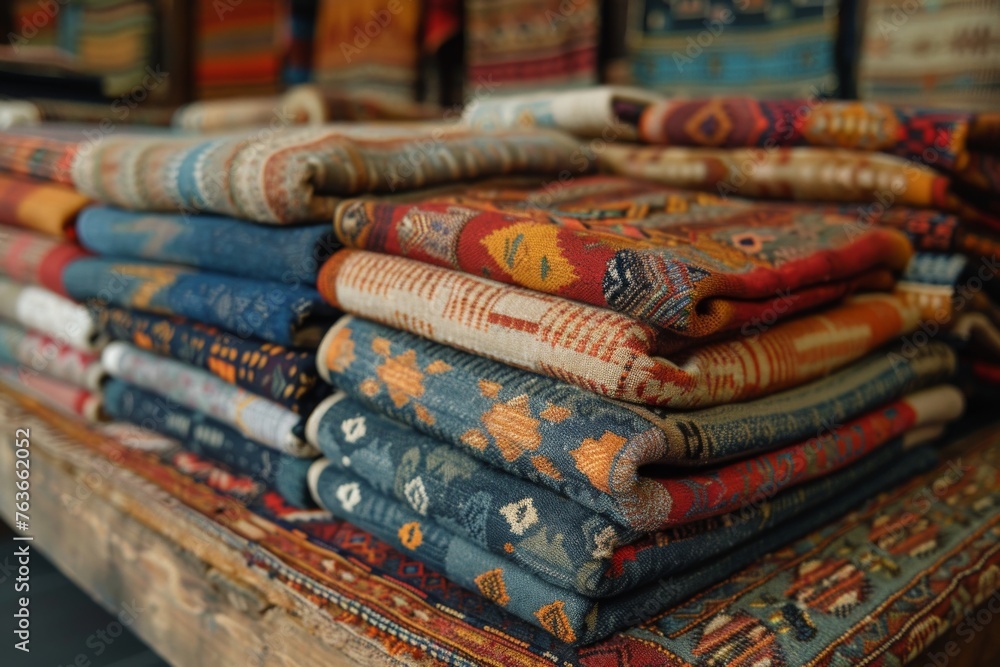 Stack of folded ethnic patterned fabric - Neatly folded stack of ethnic patterned fabric, highlighting diverse textiles and cultural designs Stack of folded ethnic patterned fabric - Neatly folded stack of ethnic patterned fabric, highlighting diverse textiles and cultural designs