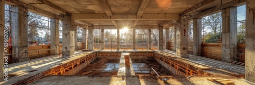 Sunlit empty construction site interior - A wide-angle view of an uncompleted building interior bathed in sunlight, showcasing the raw construction elements