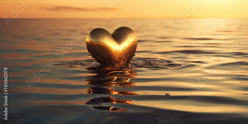 A Golden Heart is breaking in the ocean with sunset background Heart Silhouette Love Heart photo