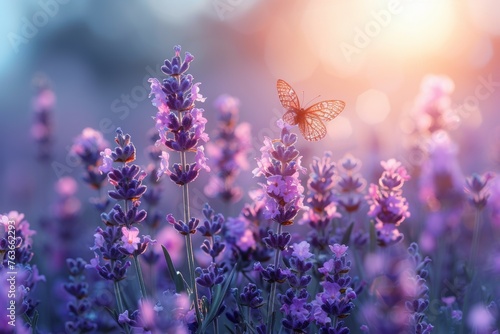 A butterfly is flying in a field of purple flowers