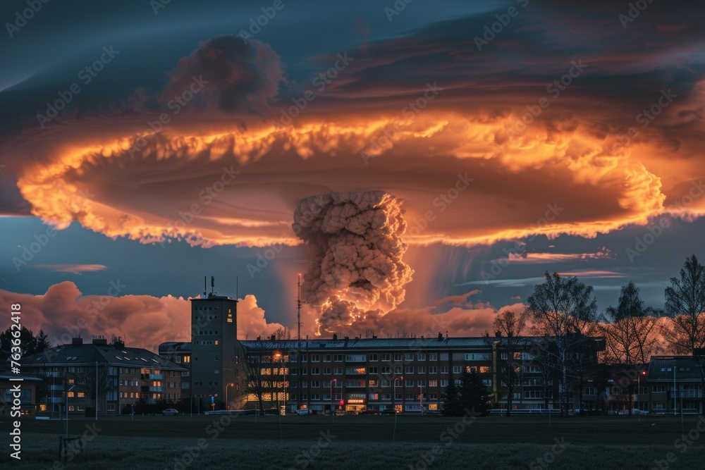 A large explosion is seen in the sky above a city