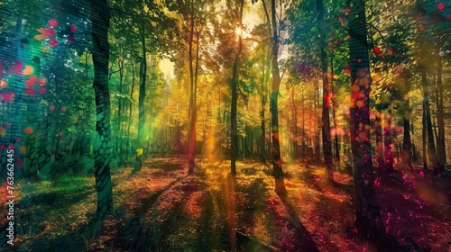 A green forest, the sun shines through the leaves, forming a colorful shadow, Forest Illsutration © CREATIVE STOCK