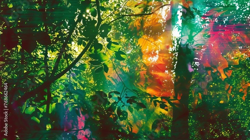 A green forest  the sun shines through the leaves  forming a colorful shadow  Forest Illsutration