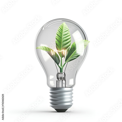3d light bulb with plant inside, eco concept isolated