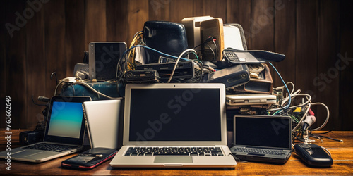 heap of e-waste isolated on white or transparent background Electronic Waste

 photo