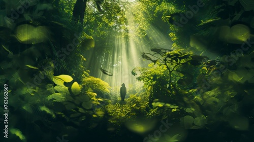 A green forest, the sun shines through the leaves, forming a colorful shadow, Forest Illsutration
