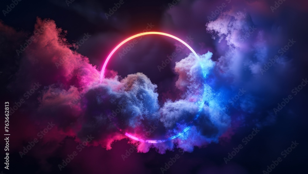 Majestic clouds glow under a neon ring, creating a surreal nightscape with vibrant pink and blue hues.