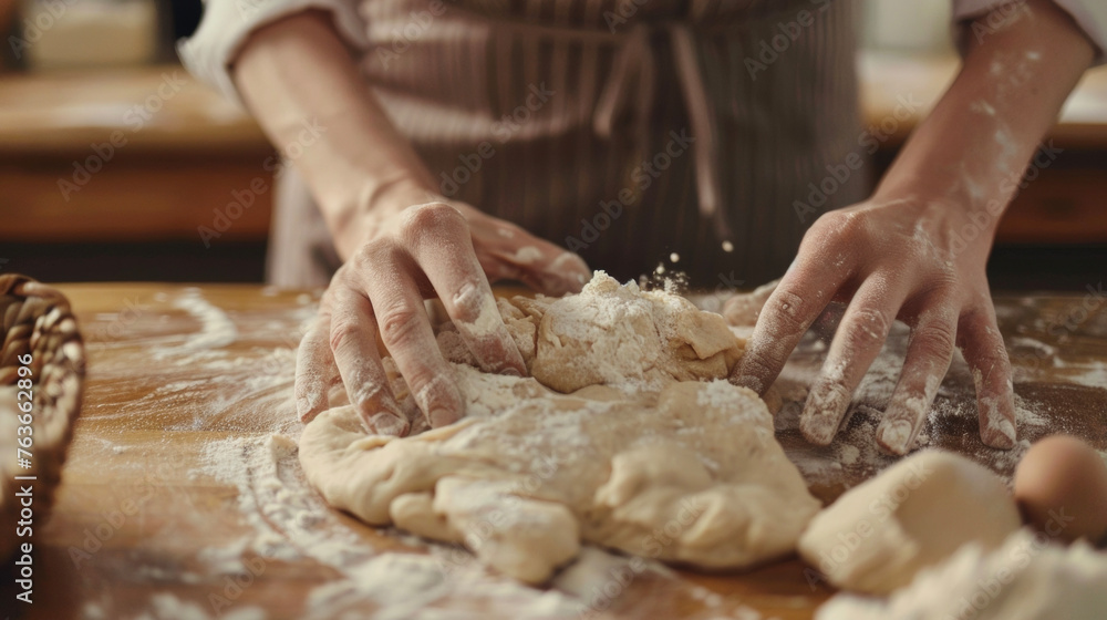 A person is kneading dough on top of a wooden table.