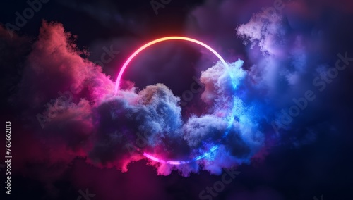 Majestic clouds glow under a neon ring, creating a surreal nightscape with vibrant pink and blue hues.