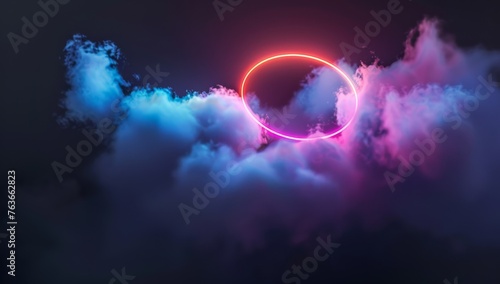 Futuristic neon halo casting a radiant light over mystical cloud formations in a fantasy sky.