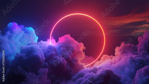 An otherworldly vision of clouds bathed in the light of a neon crescent, merging fantasy with digital art.