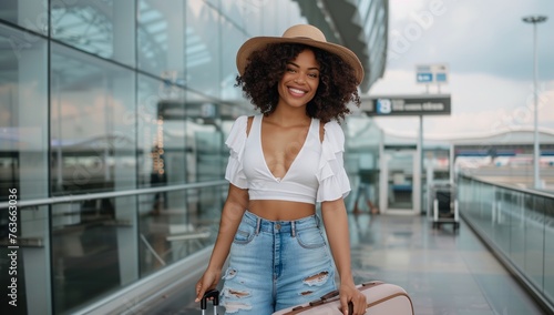 A woman with a sun hat is walking through the airport with a suitcase. She is wearing shorts and sunglasses, smiling under the sunny sky