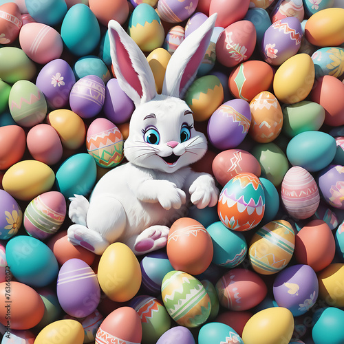Smiling, happy, cute Easter bunny laying on top of a pile of colorful, decorated easter eggs