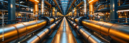 The Vital Network of Pipes in a Factory for Streamlining Processes, Steel pipelines and cables in factory interior as nuclear industry background 