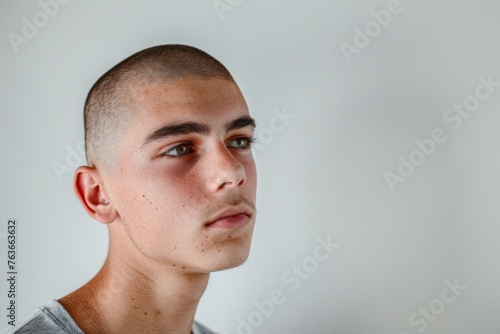 A man with a shaved head and a beard looking at the camera