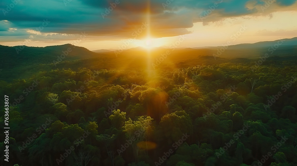 Beautiful green amazon forest landscape at sunset sunrise. Adventure explore air drone view