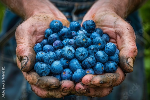 Two dirty hands cupping a bunch of ripe blueberries, with water droplets on the berries' surface