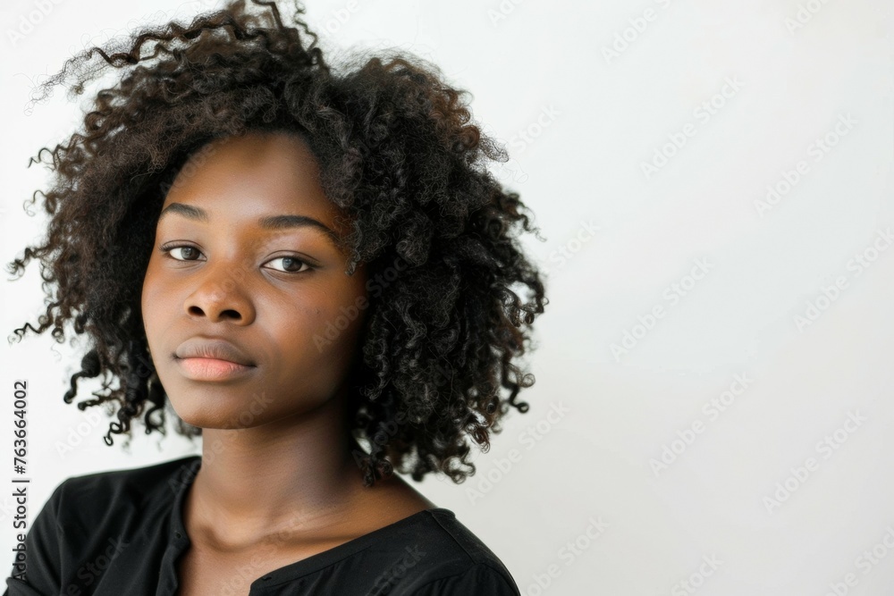 A woman with curly hair is standing in front of a white wall A woman with curly hair is standing in front of a white wall