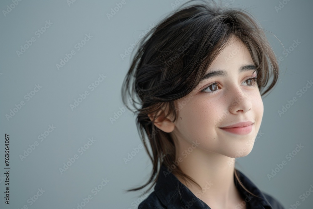A young girl with dark hair and a black shirt is smiling A young girl with dark hair and a black shirt is smiling