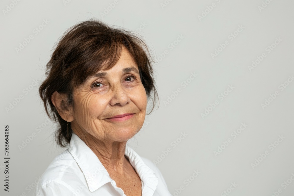 A woman with a white shirt and brown hair is smiling A woman with a white shirt and brown hair is smiling