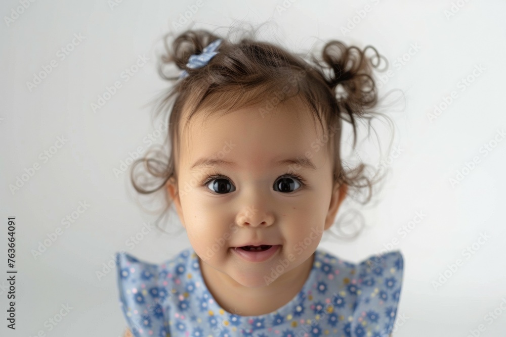 A baby girl with blue hair and a blue dress is smiling A baby girl with blue hair and a blue dress is smiling