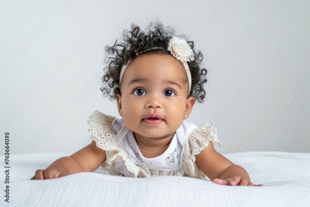 A baby girl is laying on a white bed with a flowery headband on her head A baby girl is laying on a white bed with a flowery headband on her head