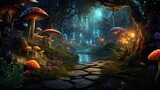 Enchanted forest scenery with magical mushrooms and glowing lights. Fantasy landscape.