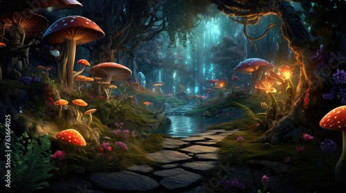 Enchanted forest scenery with magical mushrooms and glowing lights. Fantasy landscape. © Postproduction
