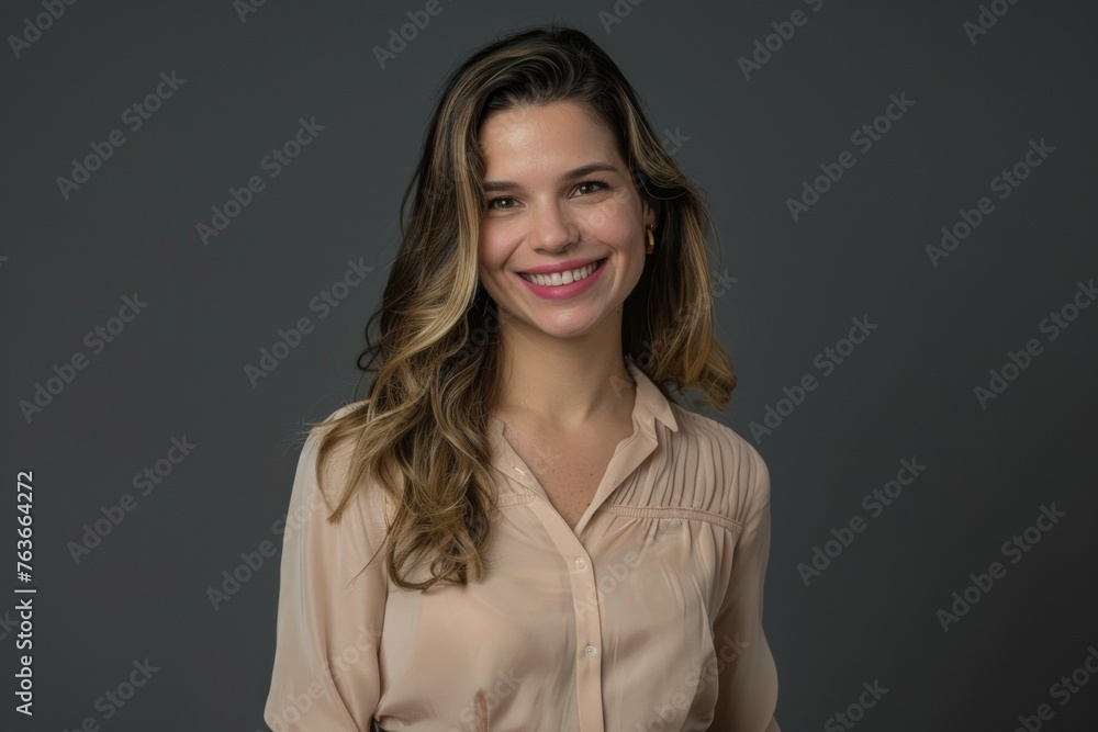 A woman with long brown hair is smiling and wearing a white shirt A woman with long brown hair is smiling and wearing a white shirt