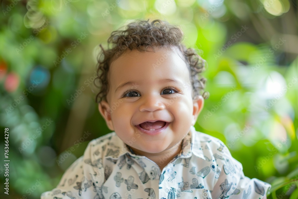 A baby with a smile on his face is wearing a white shirt with a pattern of anima A baby with a smile on his face is wearing a white shirt with a pattern of anima