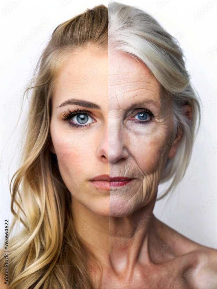 Contrasting young and elderly woman portrait - This portrait contrasts the features of a young woman with those of an elderly one, reflecting the inevitable aging process