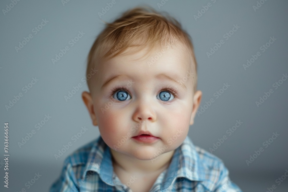 A baby with blue eyes and a blue shirt
