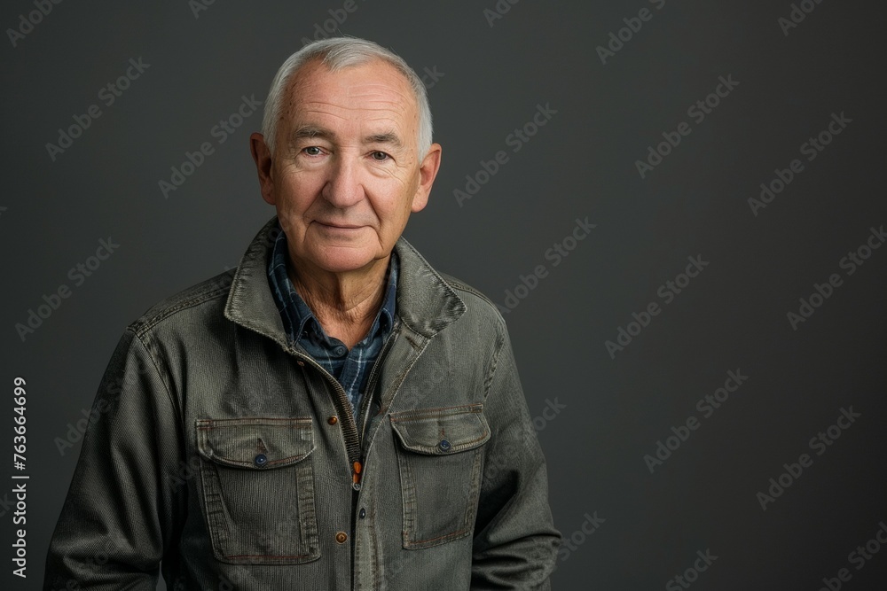A man in a gray jacket and blue shirt is standing in front of a gray background A man in a gray jacket and blue shirt is standing in front of a gray background