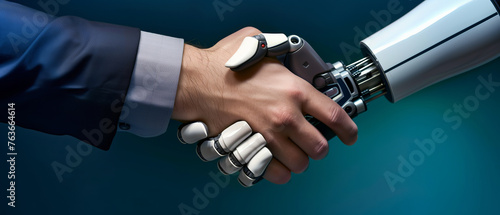 Futuristic Concept of a Human Handshake with a Robotic Arm Illustrating Advanced Technology and AI Integration