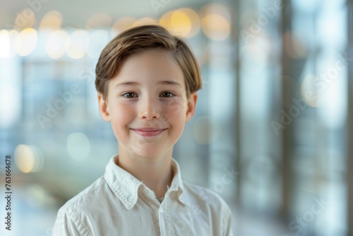 A young boy is smiling and looking at the camera