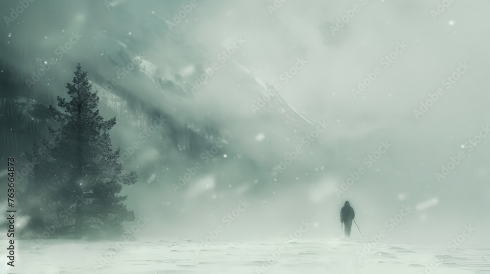A figure trudges through a blizzard hunched against the biting cold with only the faint outlines of trees and mountains visible through the blinding snow. A figure trudges through a blizzard hunched against the biting cold with only the faint outlines of trees and mountains visible through the blinding snow.