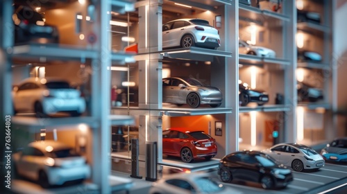 : Apartments with an automated parking system, showing miniature robots and machines installing the technology 