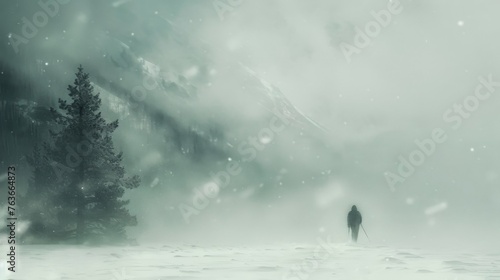 A figure trudges through a blizzard hunched against the biting cold with only the faint outlines of trees and mountains visible through the blinding snow. © Justlight