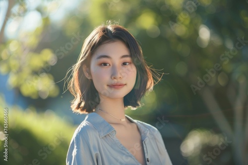 A young woman with short hair and a necklace is standing in a park