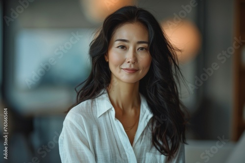 A woman with long hair is smiling and wearing a white shirt