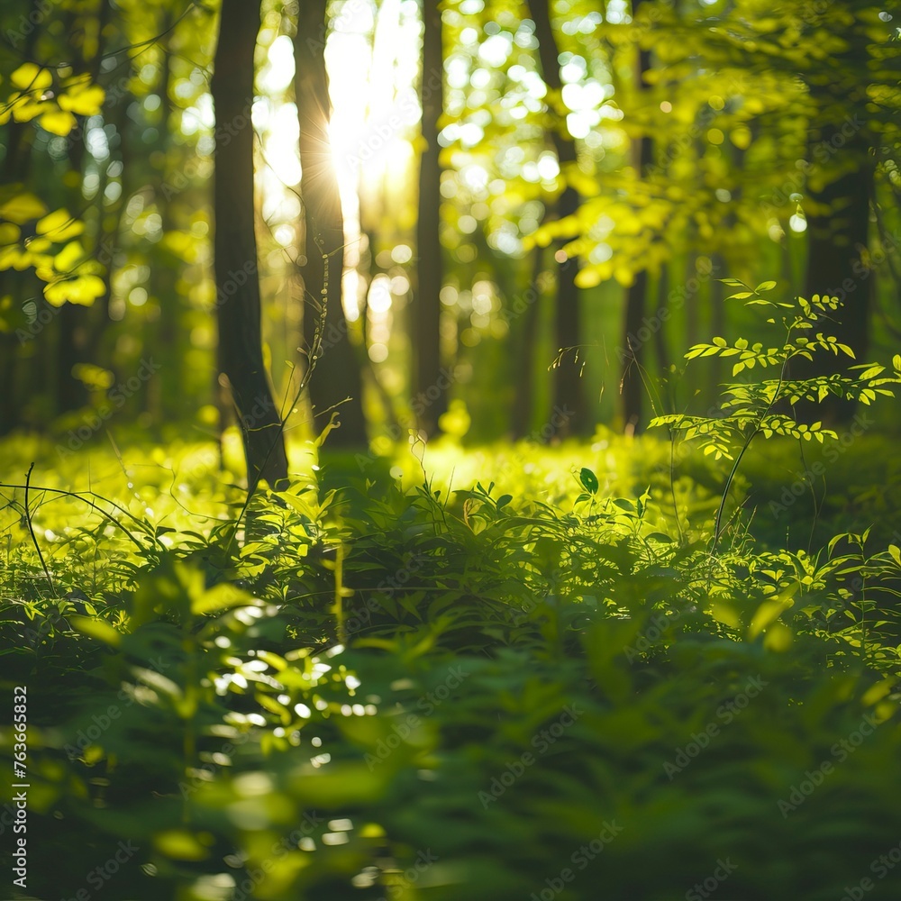 Fototapeta premium Beautiful green summer forest. Spring background, backdrop. Forest Illsutration 