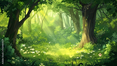 Beautiful green summer forest. Spring background  backdrop. Forest Illsutration 