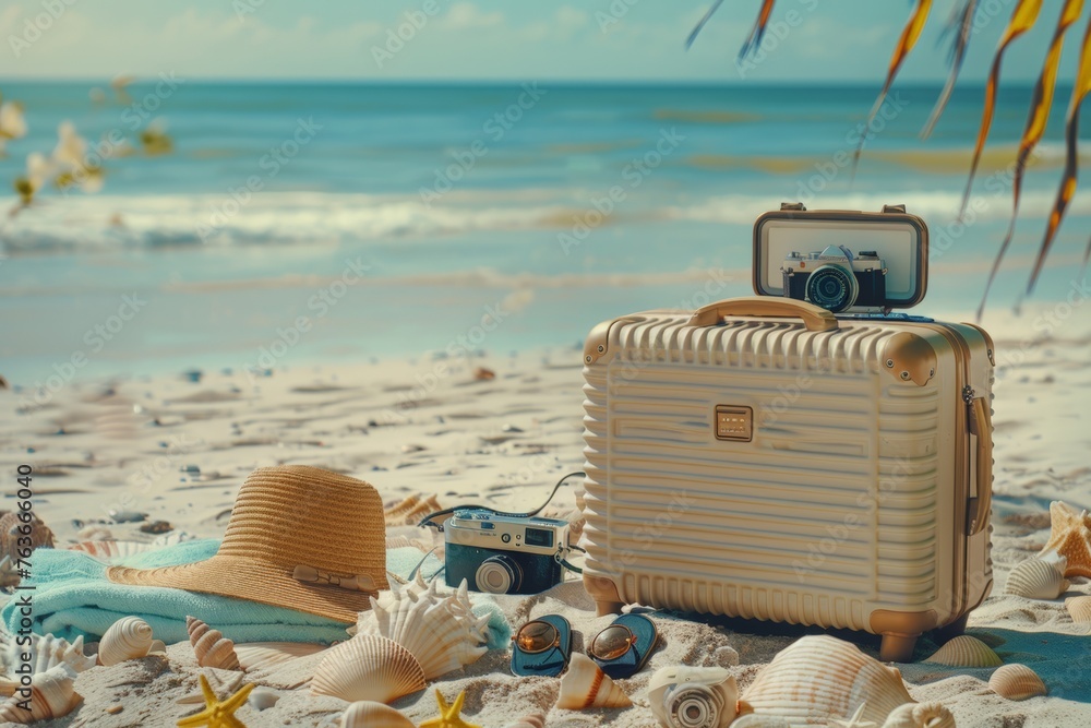 A suitcase, a sun hat and a camera against the background of the sea surf. Beautiful tropical beach with sunrise sky. Horizontal vacation travel banner with place for text. - obrazy, fototapety, plakaty 