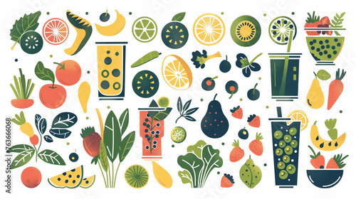 Healthy organic vegan food. Cooking dietary dishes. Vegetarian cafe. Set of icons in flat geometric style. Abstract signs. Vegetables, fruits, green tea, smoothies and salads. Vector illustration.