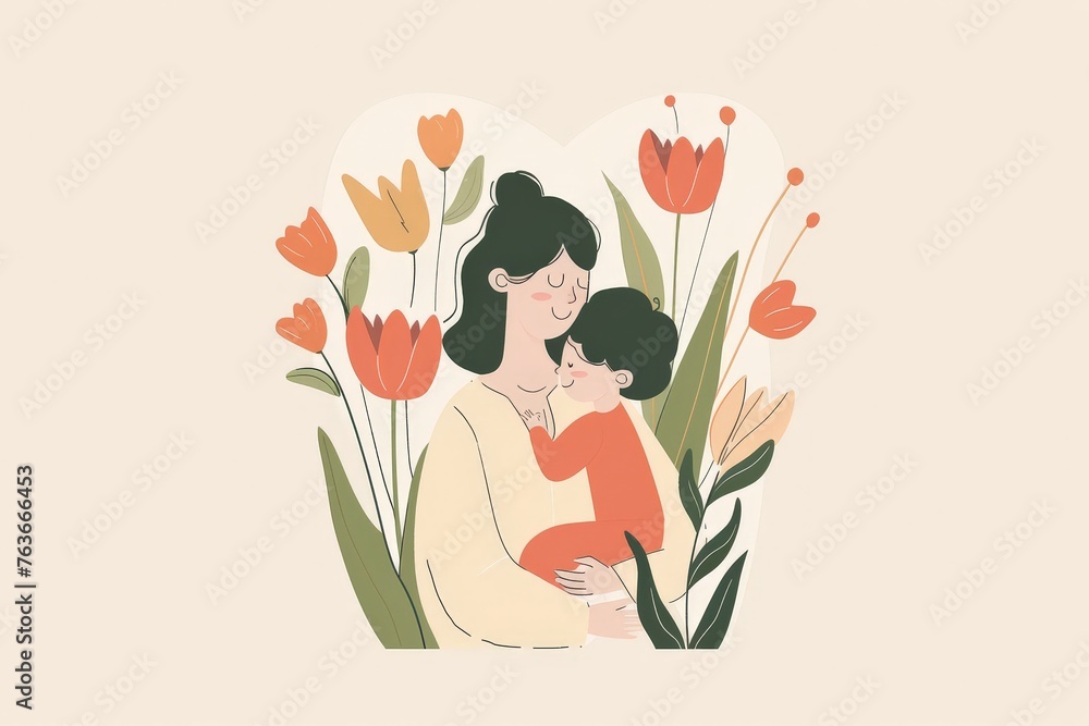 a simple flat illustration of a mother with child with tulip flower, minimalist a simple flat illustration of a mother with child with tulip flower, minimalist