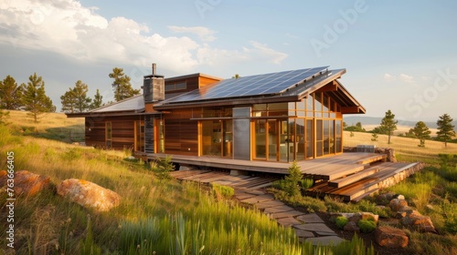 a home with passive solar design, a rainwater harvesting system, and geothermal heating.