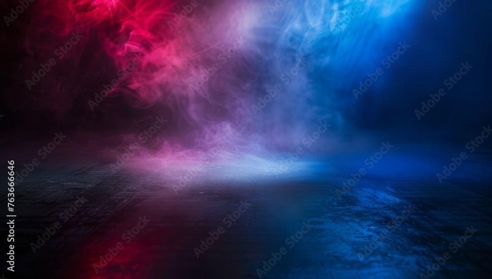 Mysterious smoke unfurls under a duet of red and blue spotlights, casting an enigmatic glow on the dark surface.