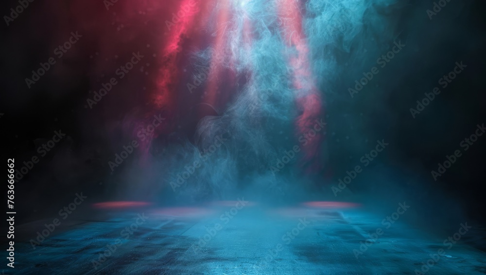 Mysterious smoke unfurls under a duet of red and blue spotlights, casting an enigmatic glow on the dark surface.