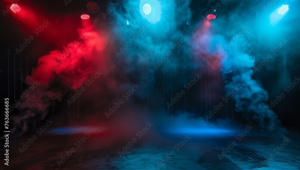 Dramatic red and blue lighting cuts through the mist, creating a visually striking contrast on a dark stage.