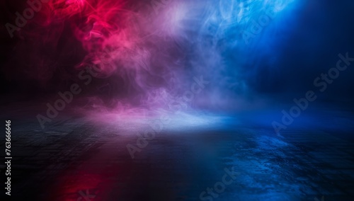 Mysterious smoke unfurls under a duet of red and blue spotlights, casting an enigmatic glow on the dark surface. © BackgroundWorld